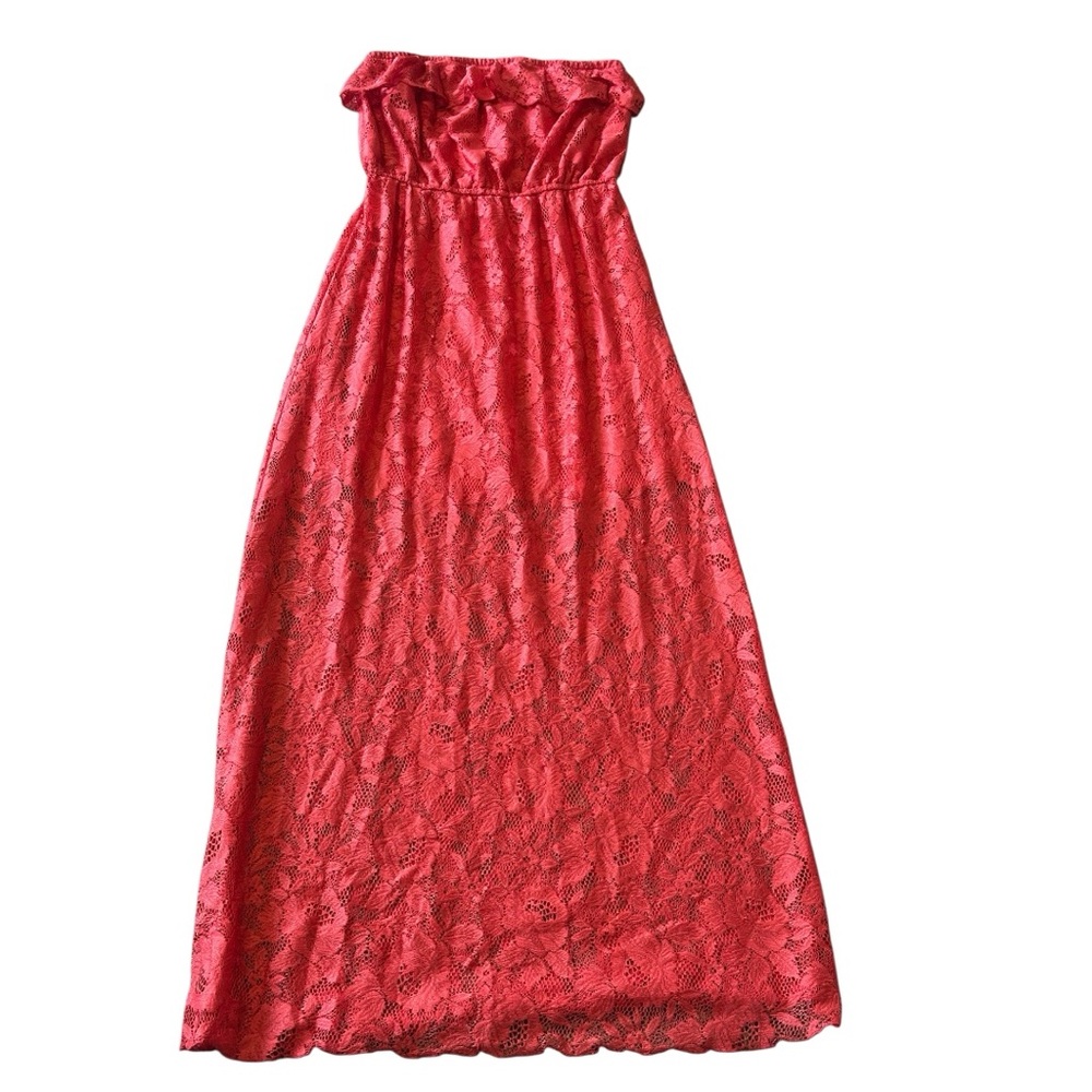 Trixxi Coral Strapless Lace Maxi Dress Size Large – Floral Overlay, Summer Boho